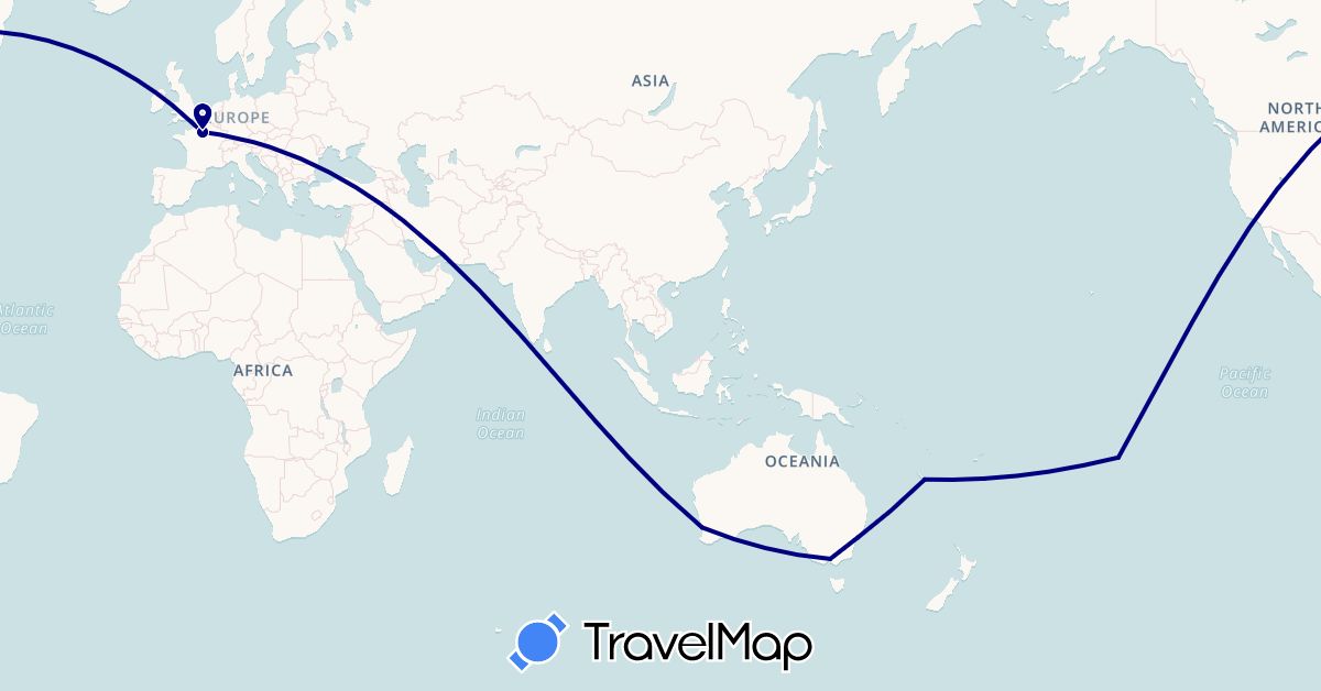 TravelMap itinerary: driving in Australia, France, New Caledonia, French Polynesia (Europe, Oceania)